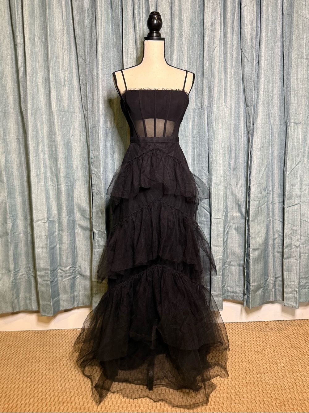 BCBGMaxAzria Black Tiered Tulle Maxi Dress with Sheer Bodice